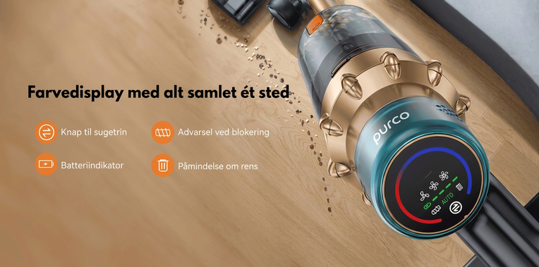 Display med sugetrin og batteriniveau