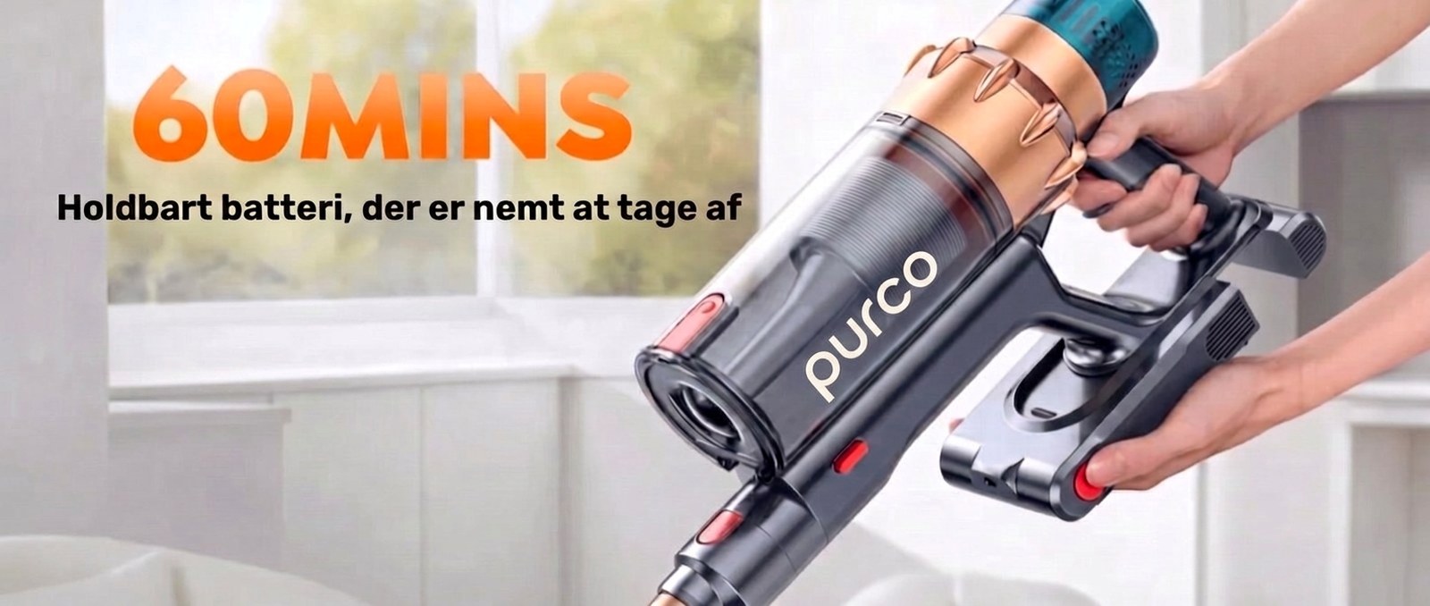 60 minutters driftstid, aftageligt batteri