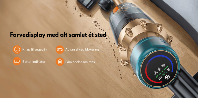 Display med sugetrin og batteriniveau