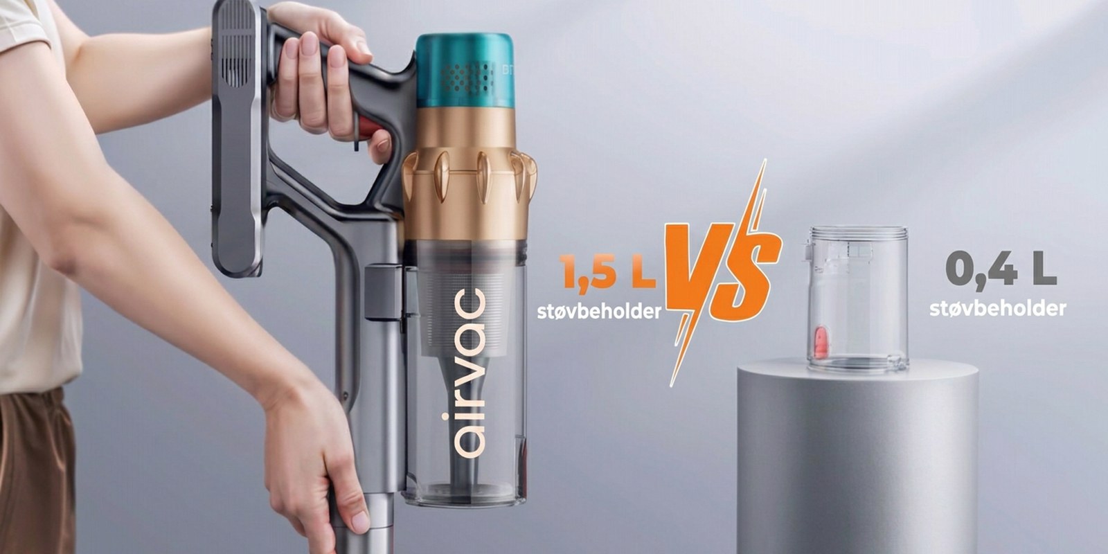 Støvbeholder på 1,5 liter mod 0,4 liter