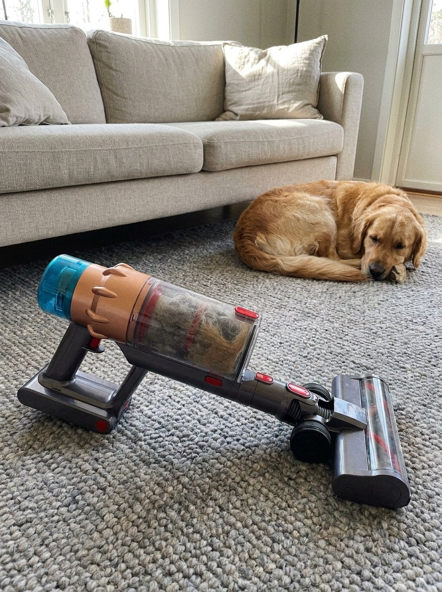 Fuld støvbeholder efter én omgang i stuen – med hund i huset