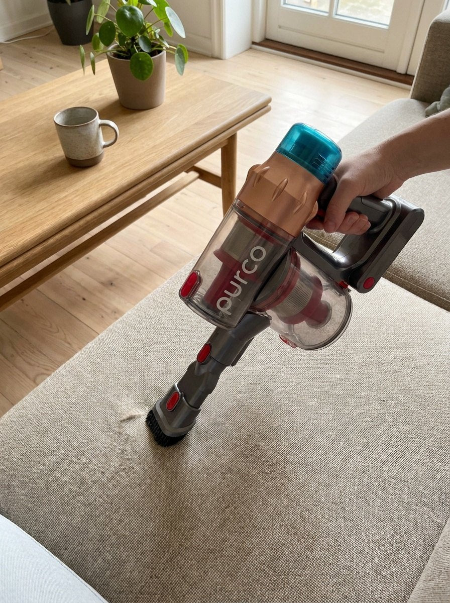 Purco V18 som håndstøvsuger på sofaen